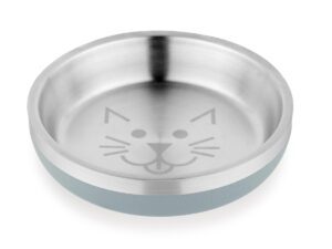 Insulated Stainless Steel Cat Dish in Smoke Grey Color with cat face design.
